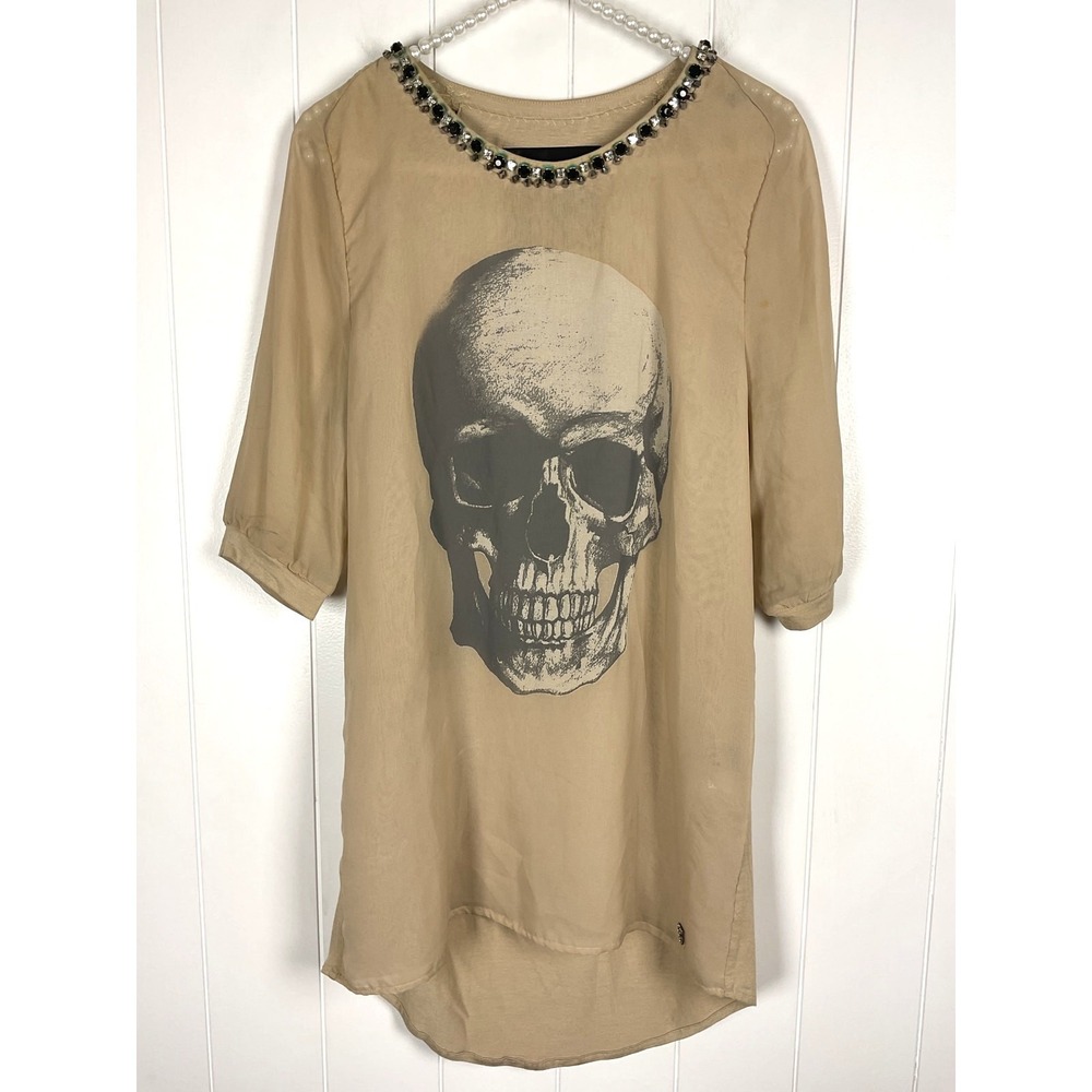 Philipp Plein Couture Skull  Tan Jeweled Trim Mini Dress/Tunic Size Small